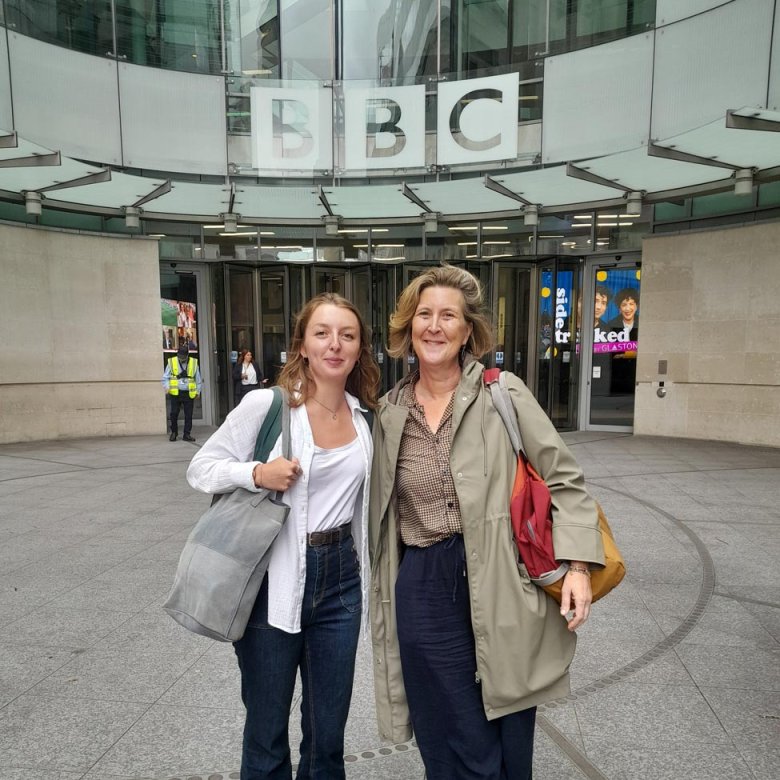 Two Falmouth University students standing outside BBC London