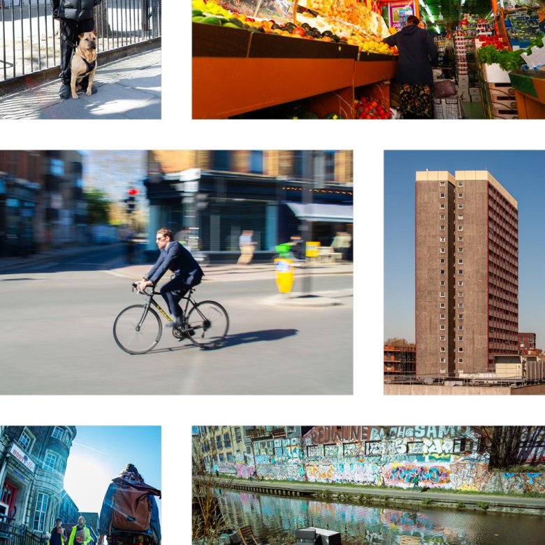 Photo montage of Bethnal Green with buildings and people