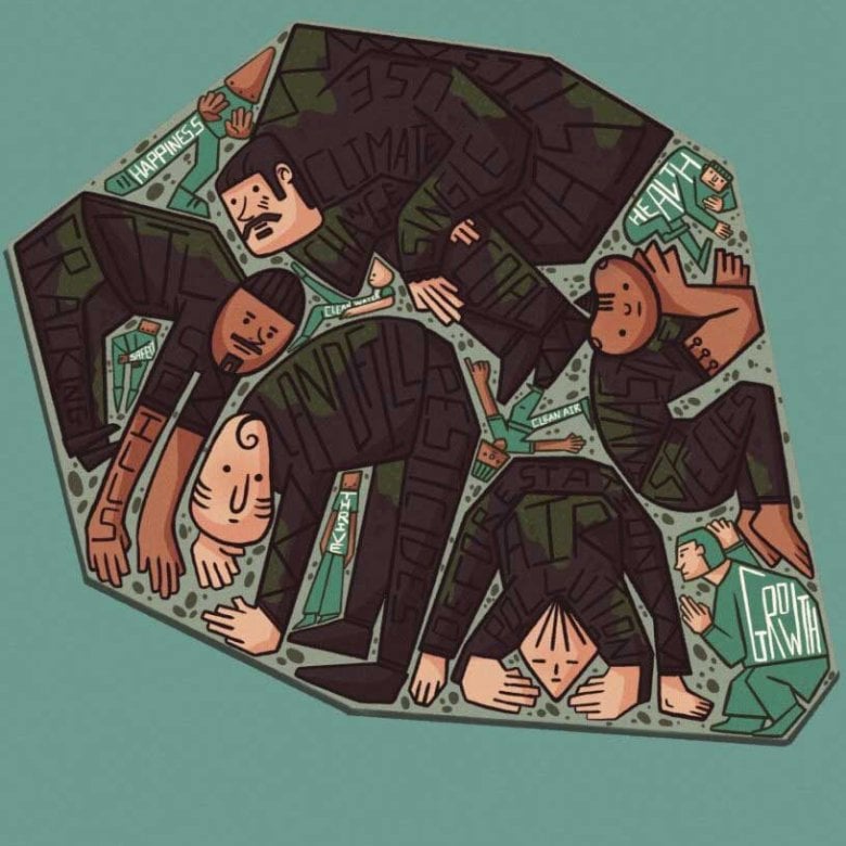 An illustration of people inside an angular shape