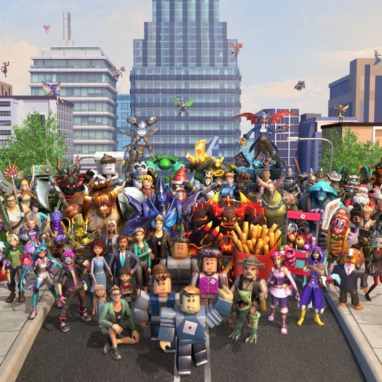 A group of Roblox avatars stand together in a virtual cityscape