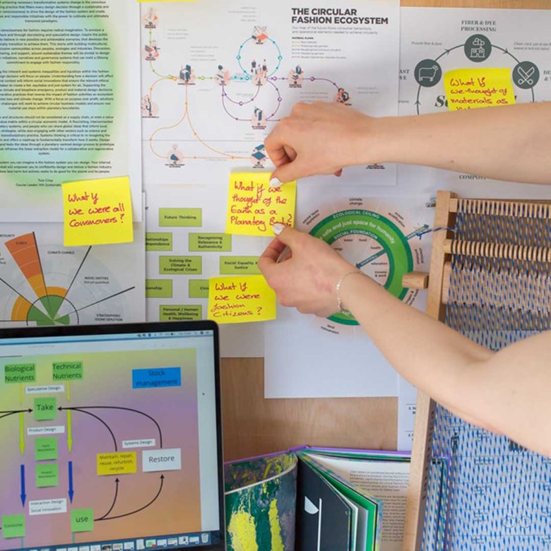 A sustainable fashion student pinning their work to a wall