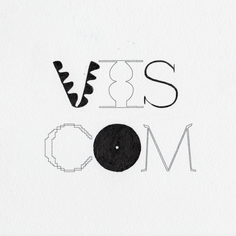 Black and white illustrated text of VIS COM