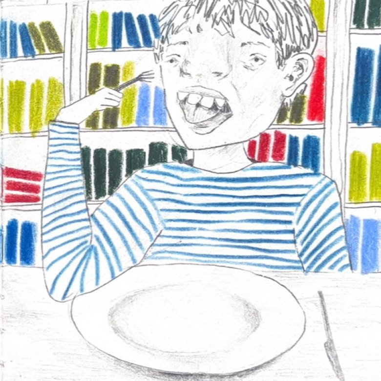 Illustration of a boy eating off a plate with a colourful bookcase behind him