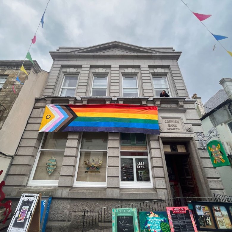 The Cornish Bank exterior building with pride flag