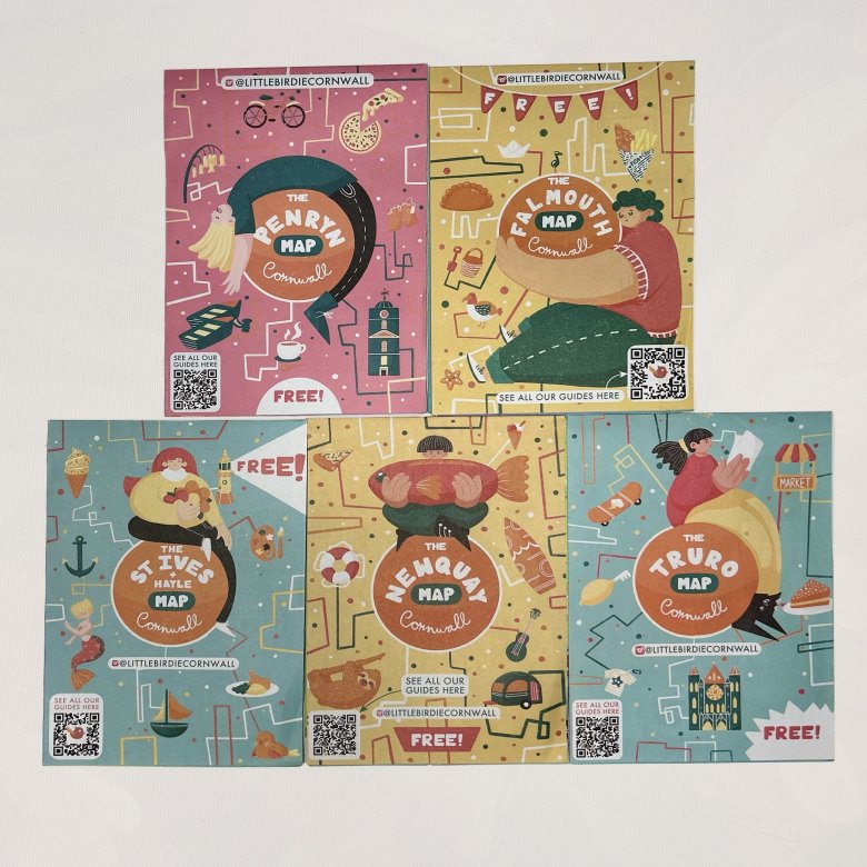 Five colourful maps on a white surface