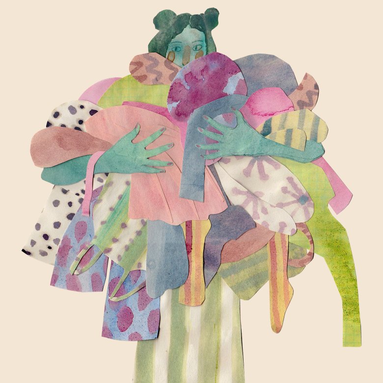 An illustration of a person holding a pile of clothes