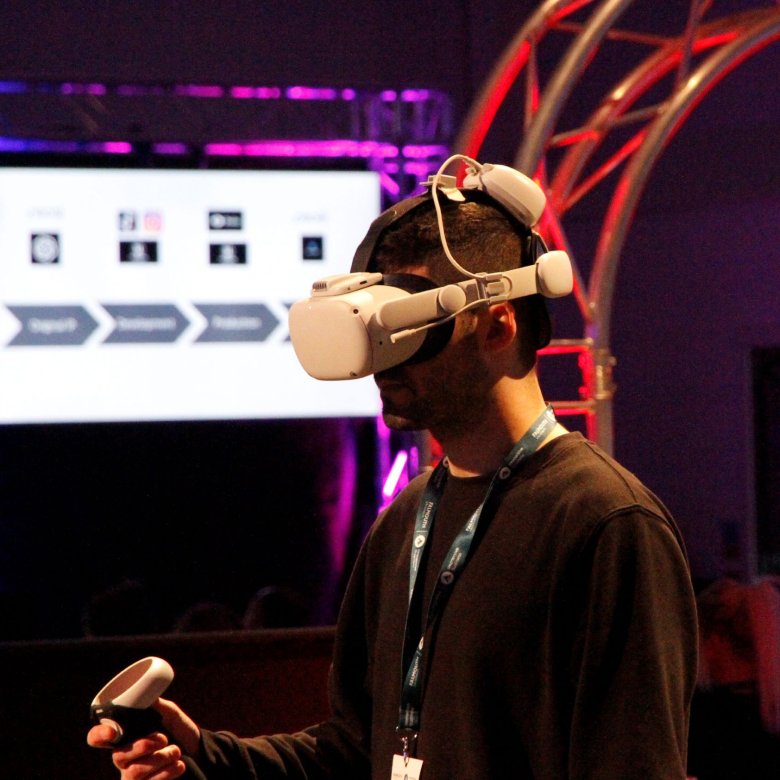 A man wearing a VR headset and holding a control