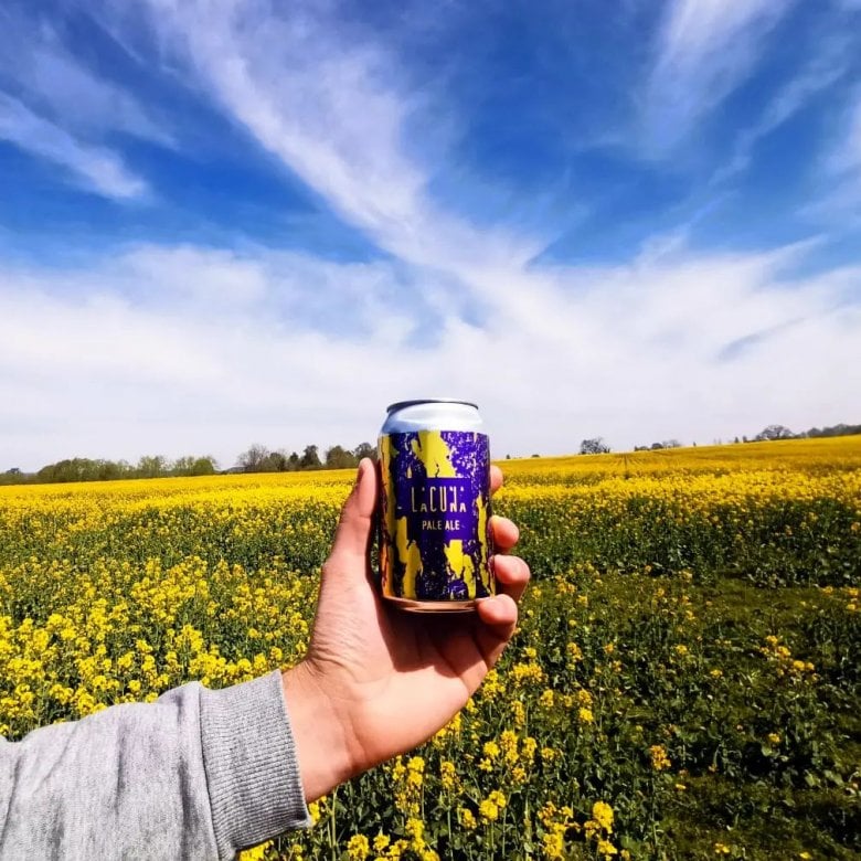 A can of Lacuna IPA is held in front of a field on a sunny day