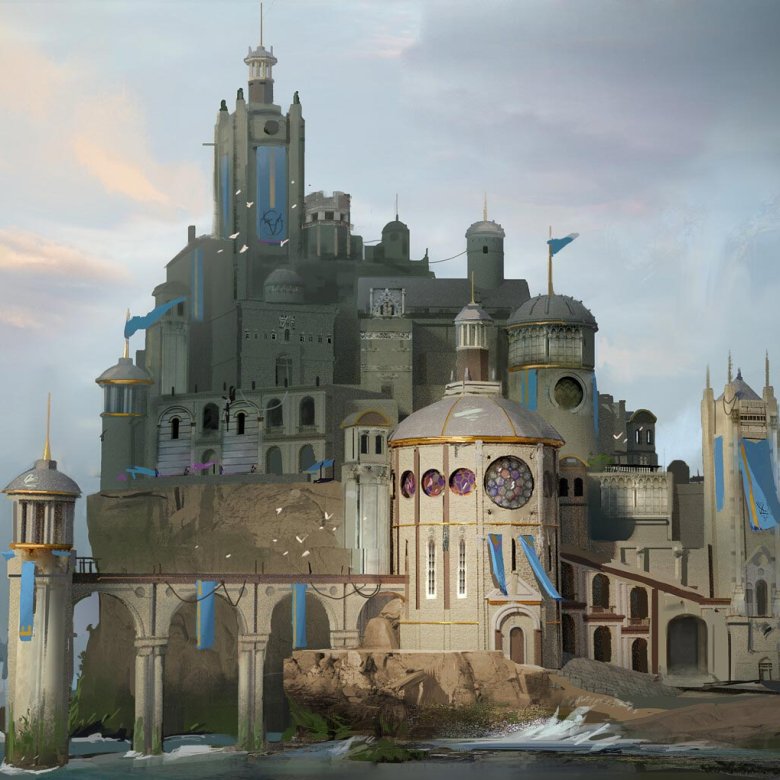 Game art design of a large castle on the water