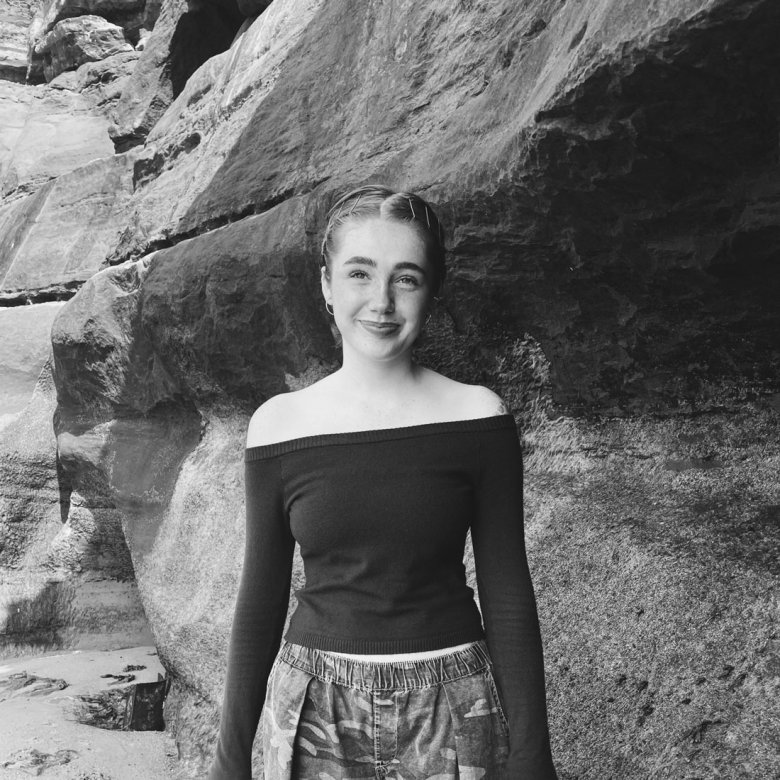 Black and white photo of Niamh Shergold