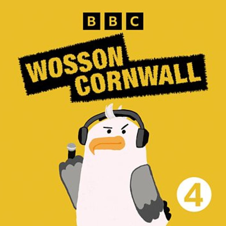 An animation of a seagull wearing headphones with the text 'Wosson Cornwall' displayed on a yellow background