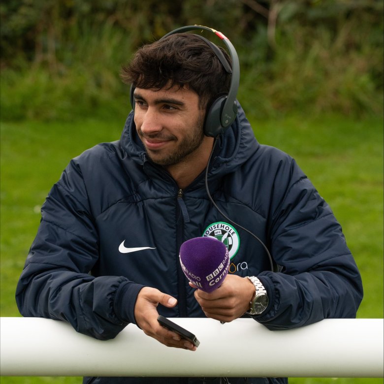 Falmouth University Journalism student reporting for BBC from Mousehole AFC