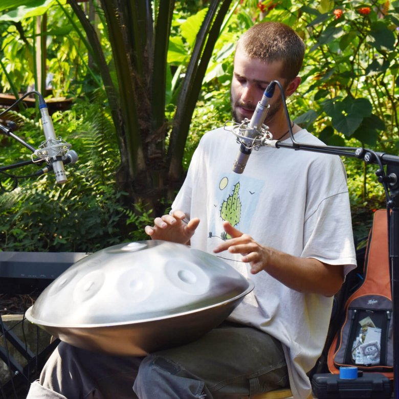 A young man playing a metal instrument surrounded by plants