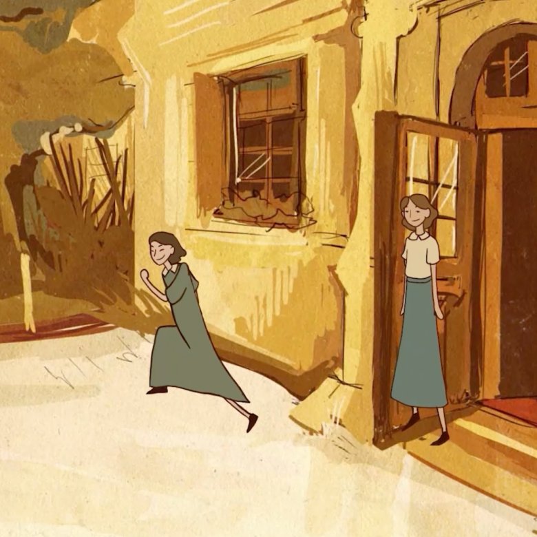 Animation: a student skips joyfully out of a school