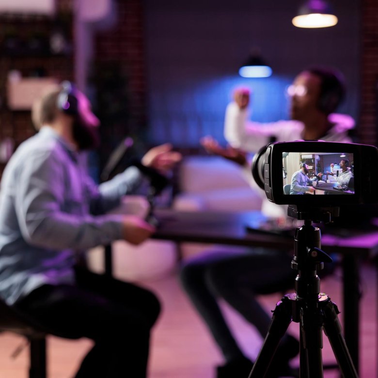 View of SLR camera filming two people in conversation around a table