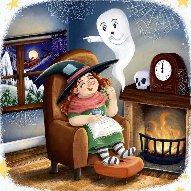 Illustration of a witch sitting in a chair by a fire with a white ghost