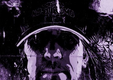 Black and purple artwork of a man in a cap