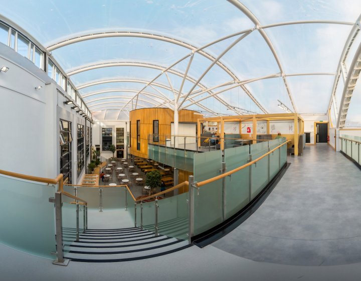 A 360 degree image of the upstairs glass roofed cafe at Falmouth campus.