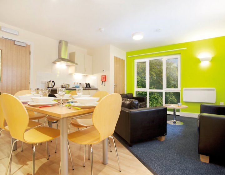 Accommodation interior, sofas, dining table and chairs, bright green wall.