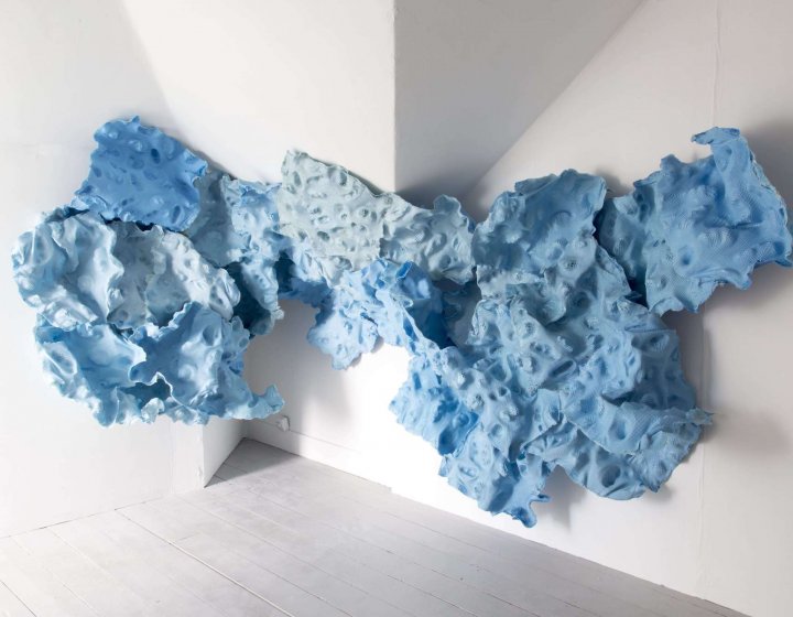 Falmouth University Fine Art installation of blue abstract sculpture