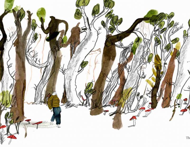 Illustration of a man walking through tall trees with red mushrooms