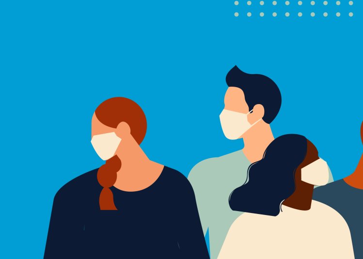 An illustration of four people wearing face coverings