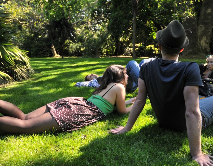 Students lying in the gardens at Falmouth campus