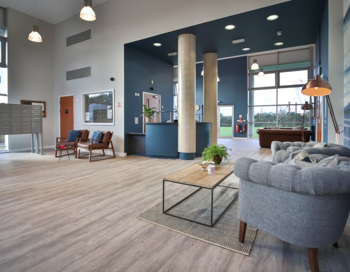 Modern open plan living area with grey armchair, wood flooring and large columns