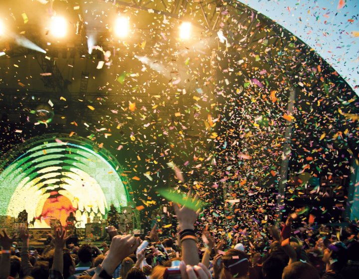 Dome stage at the Eden project, confetti flying through the air at a Flaming Lips gig.