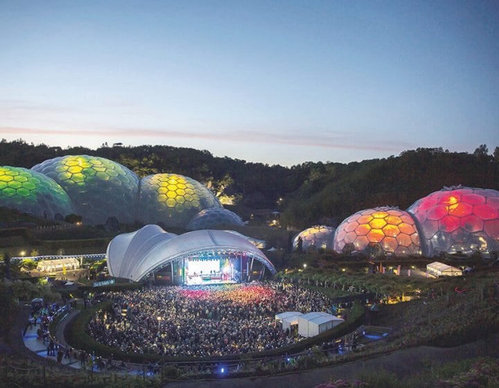 Aerial view of the Eden Project's domes lit up during an Eden Session's event.  