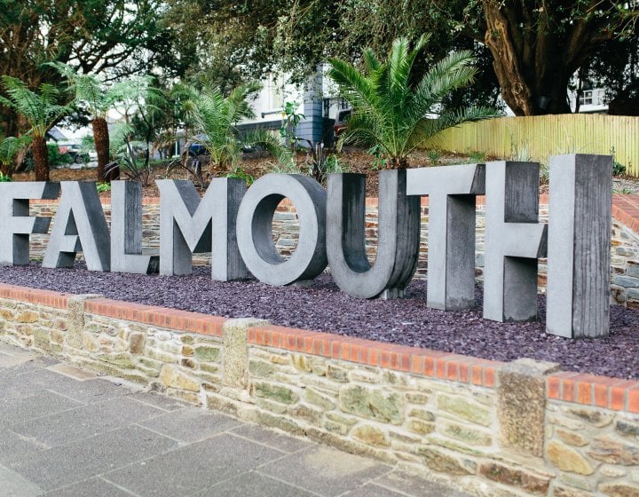 Large concrete letters spelling Falmouth.