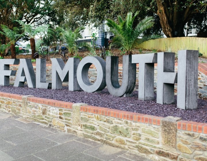 Large concrete letters spelling Falmouth.