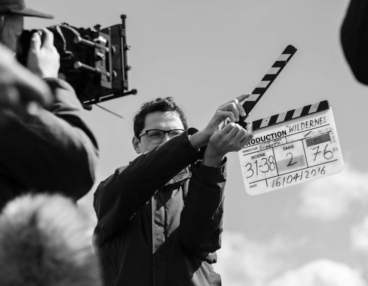 Falmouth University Film student using a clapperboard