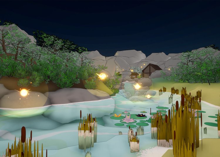 Still from a student game of a pond, reeds and rocks