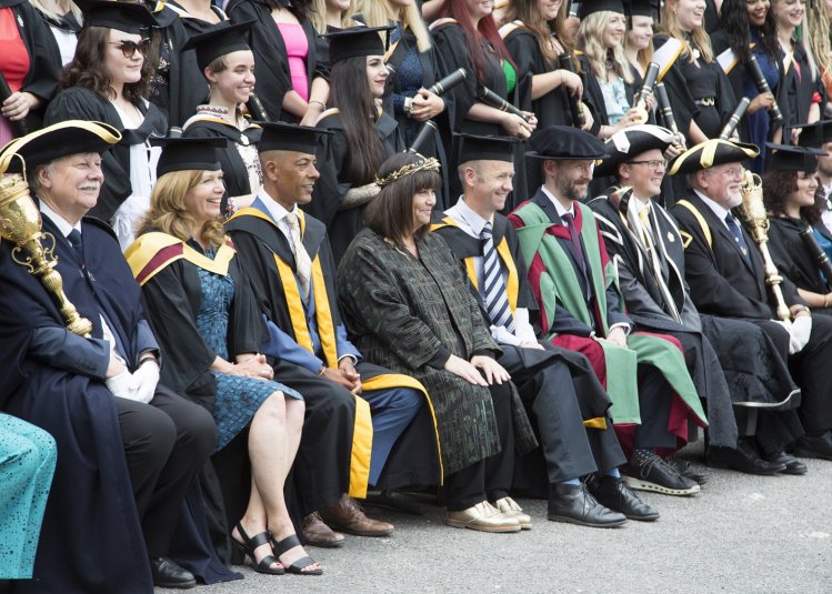 Staff, students and Dawn French at graduation 