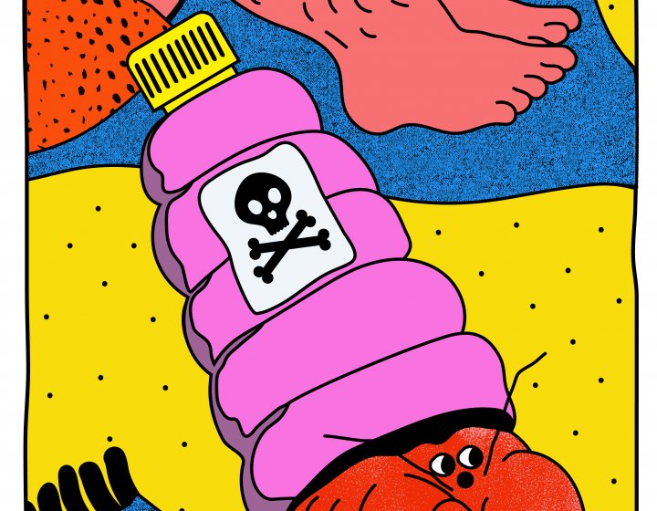 Illustration of hairy legs and a plastic bottle with a lobster coming out