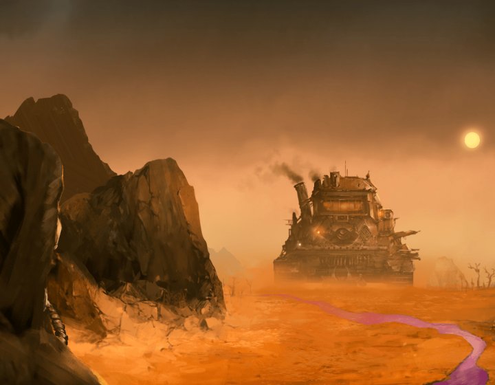 A game art still of a large tank in a rocky desert