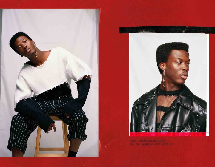 Model in two tone jumper and black leather jacket on red background.