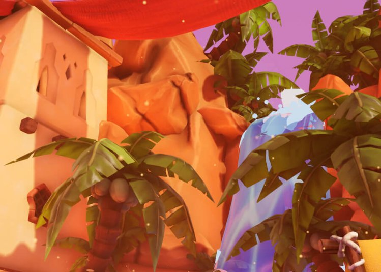 A still from a student game of palm trees and a waterfall