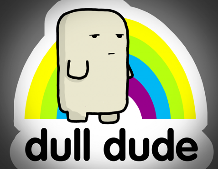 Gaming company character standing in front of a rainbow