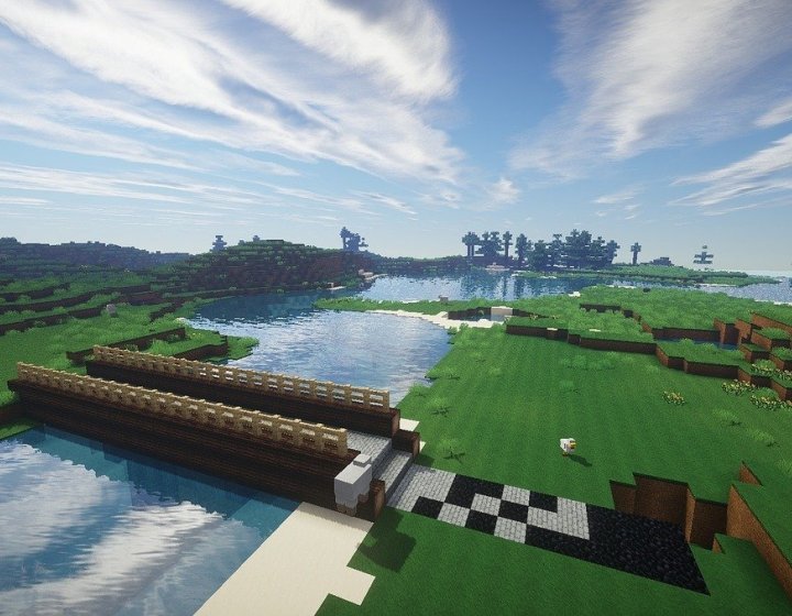 A Minecraft image still of bridge over river of water and fields in the background