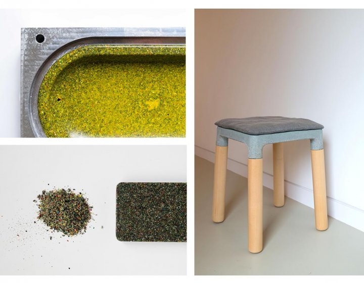 Montage of images of a stool and materials