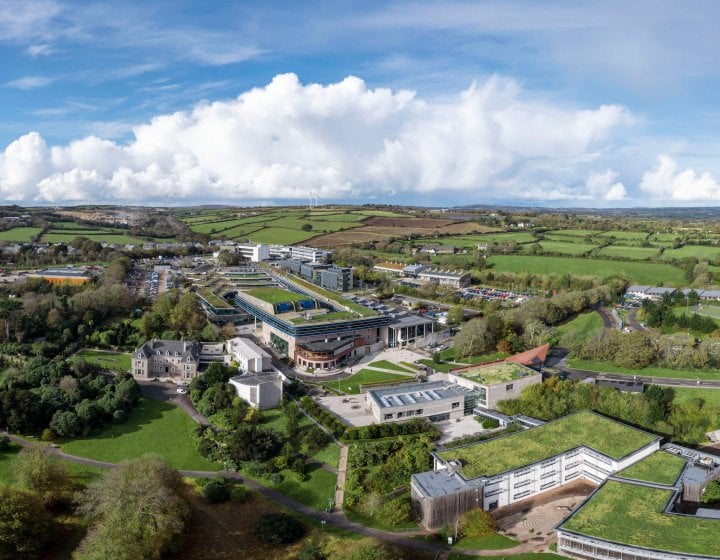 Panoramic view of Penryn Campus with buildings and trees