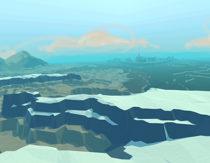 Digital illustration of mountain scene with cloud made with various hues of blue.