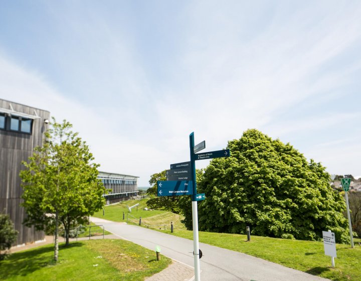 Blue signpost on Penryn Campus with trees and path