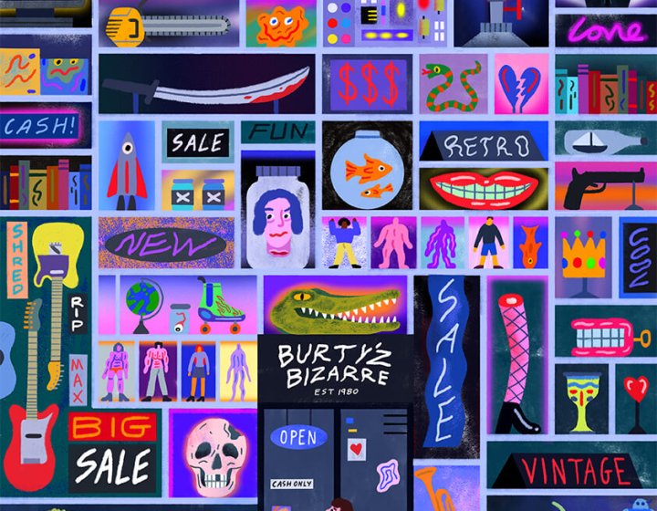 Colourful mural style iIllustration work by graduate Rupert Skelton