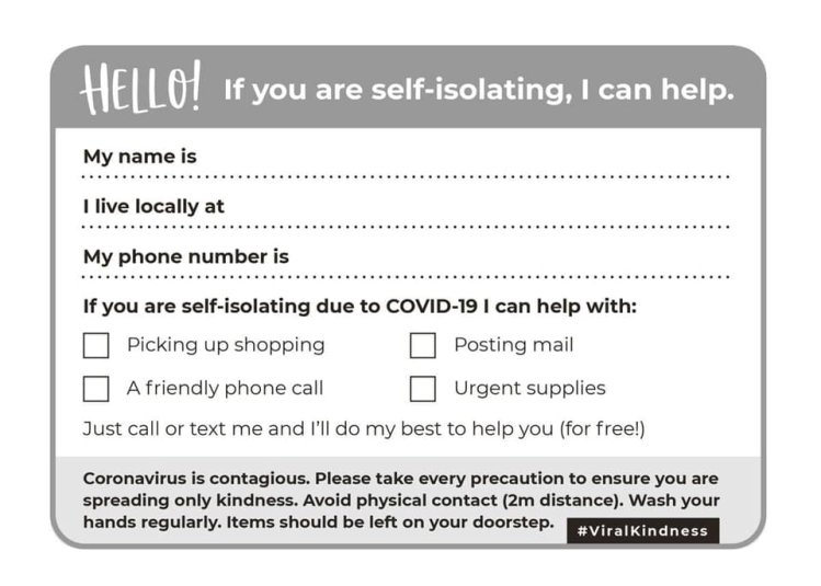 Postcard designed by Becky Wass offering help to neighbours