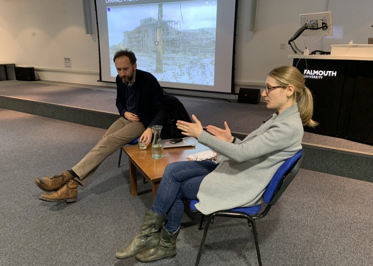 Journalism Masterclass - Journalists Roland and Albina speaking with journalism students