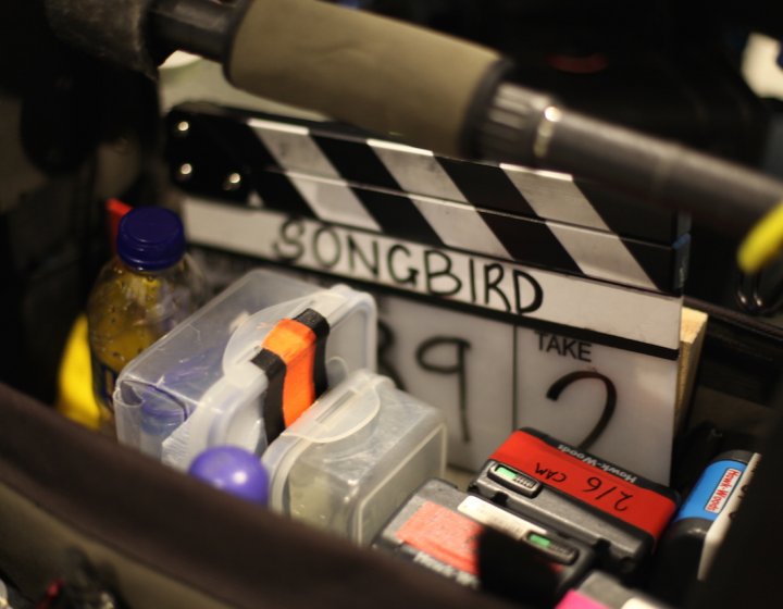 Close up of clapperboard with the word Songbird on it.