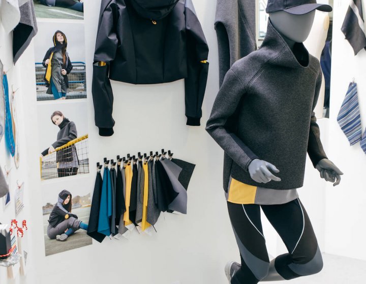 Sportswear designs with a mannequin wearing a baseball cap, jumper and leggins